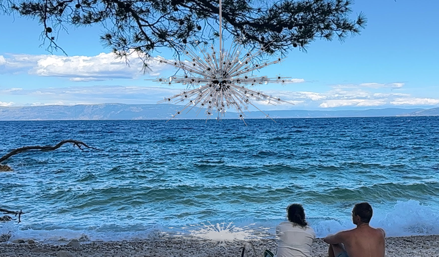 Virtual LOBMEYR Metropolitan Chandelier on a beach